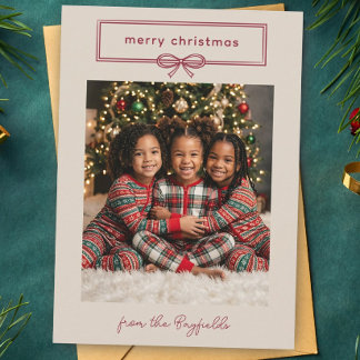Beige & Burgundy Pretty Bow Photo Merry Christmas Holiday Card
