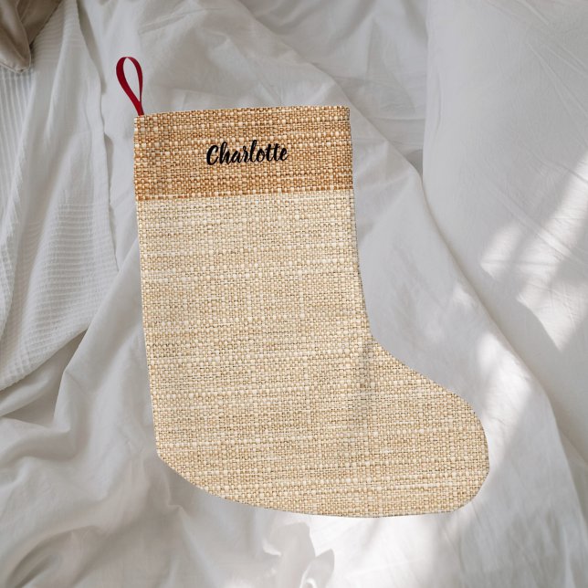 Beige burlap name modern small christmas stocking (Creator Uploaded)