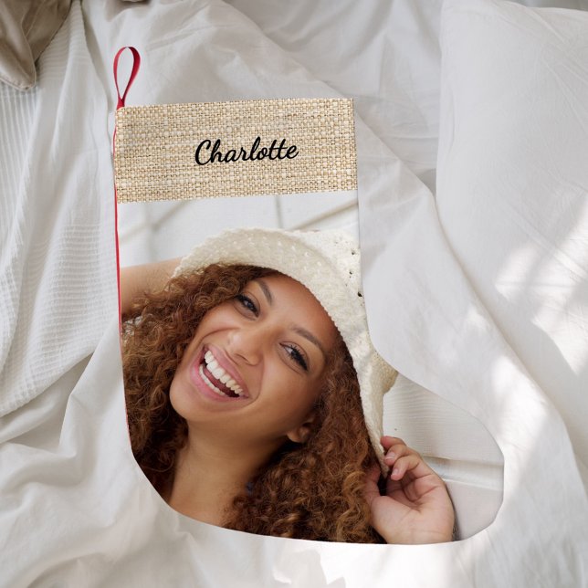 Beige burlap name photo modern small christmas stocking (Creator Uploaded)