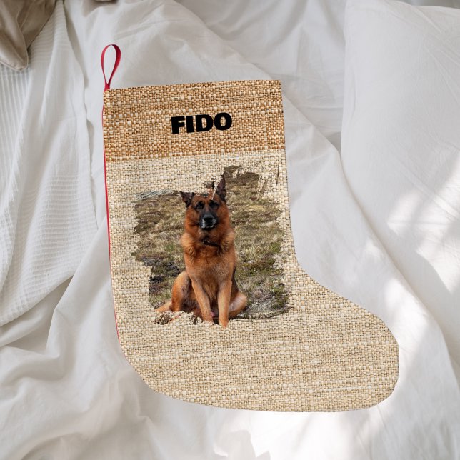 Beige burlap name photo modern small christmas stocking (Creator Uploaded)