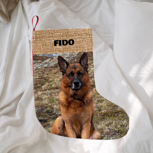 Beige burlap name photo neutral small christmas stocking