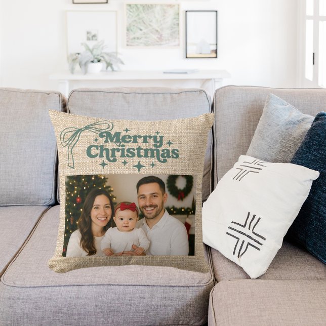 Beige burlap photo bow hand-drawn Christmas Cushion (Creator Uploaded)