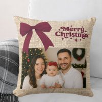 Beige burlap photo burgundy bow Christmas