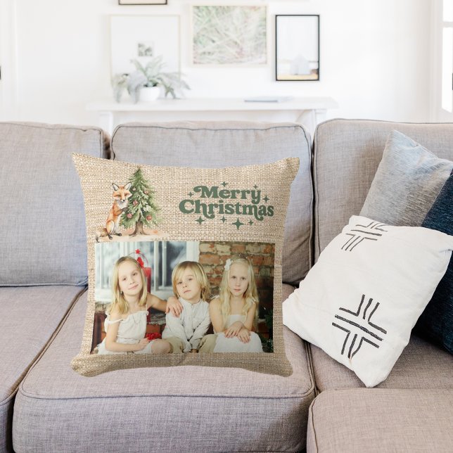 Beige burlap photo fox tree green Christmas Cushion (Creator Uploaded)