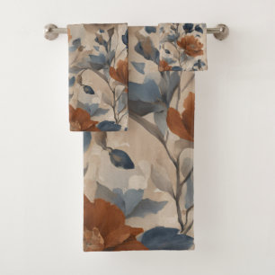 Beige Burnt Orange Dusty Navy Blue Floral Bath Towel Set