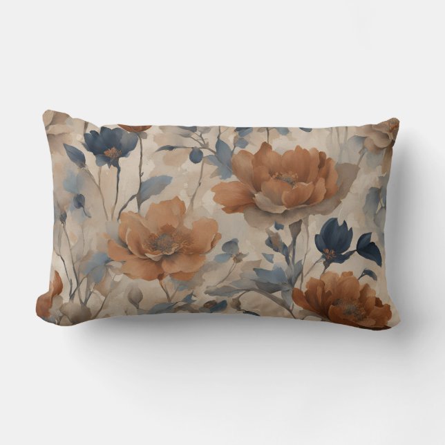 Beige Burnt Orange Dusty Navy Blue Floral Lumbar Cushion (Front)