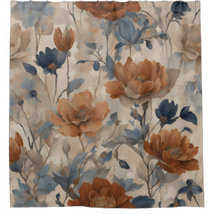 Beige Burnt Orange Dusty Navy Blue Floral Shower Curtain