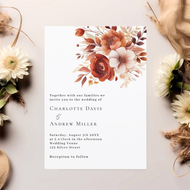 Beige burnt orange florals wedding invitation (Creator Uploaded)