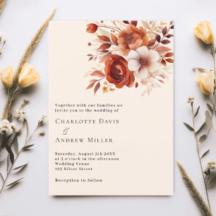 Beige burnt orange florals wedding invitation