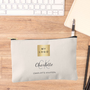 Beige business logo name monogram accessory pouch