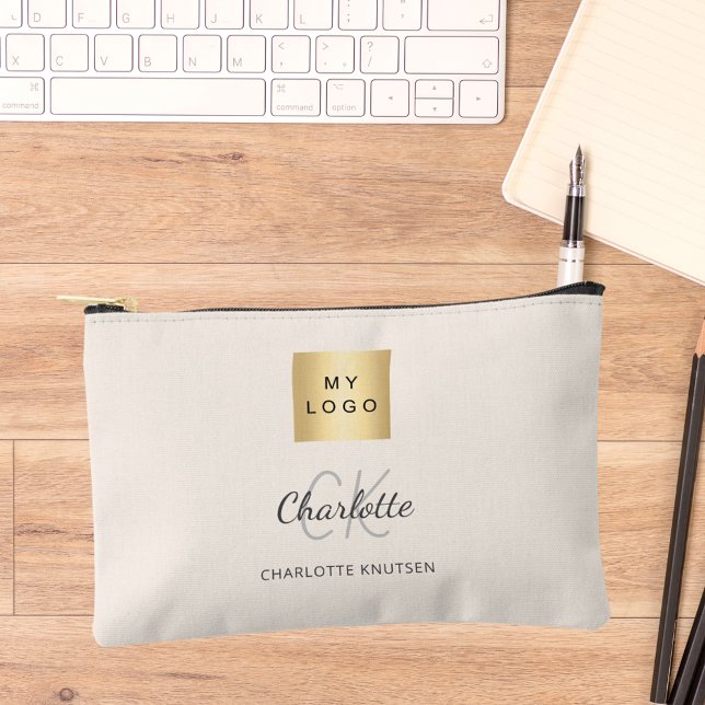 Beige business logo name monogram accessory pouch (Creator Uploaded)
