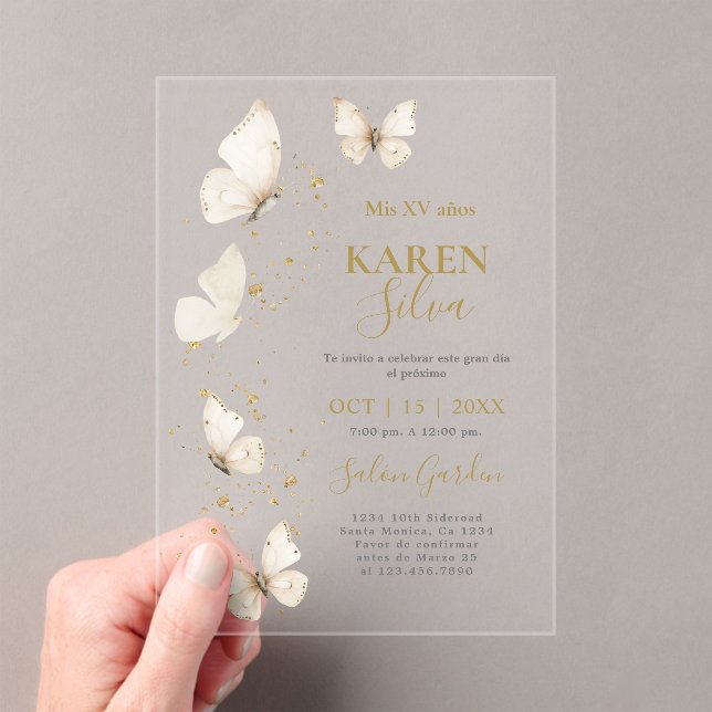Beige Butterfly Quinceañera acrylic Invitation (Insitu (Handheld))