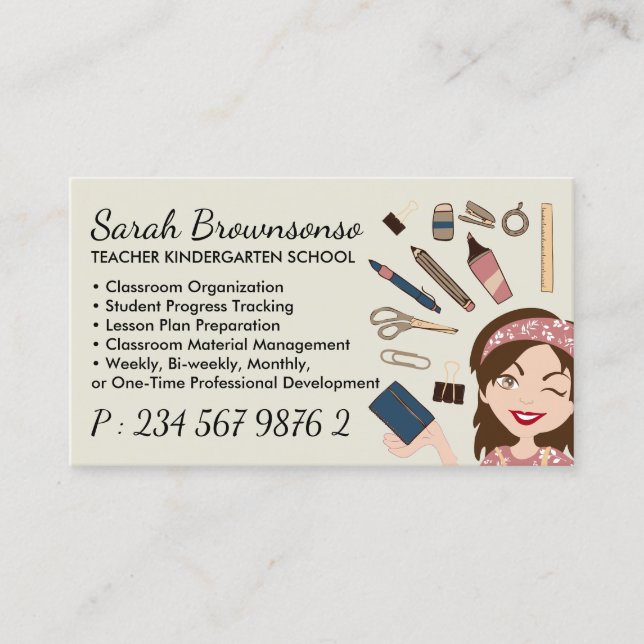 Beige Cartoon Lady Teacher School Supplies Business Card (Front)