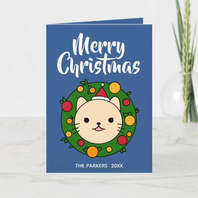 Beige Cat Wreath | Blue Merry Christmas Photo Holiday Card (Front)