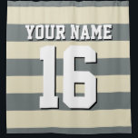 Beige Charcoal Sports Jersey Preppy Stripe Shower Curtain<br><div class="desc">Preppy Striped Team Jersey / Sports Jersey / Football Jersey / Rugby Jersey with Custom Name Customise this with your own name or team name and a number. You can change the size, colour and placement of the text if you need to make changes, change the colour of or remove...</div>