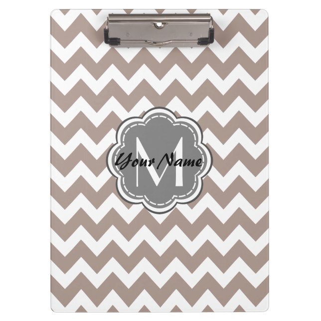 Beige Chevron, Grey Monogram, Personalised Name Clipboard (Front)