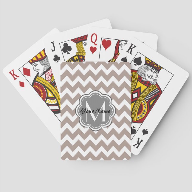 Beige Chevron, Grey Monogram, Personalised Name Playing Cards (Back)