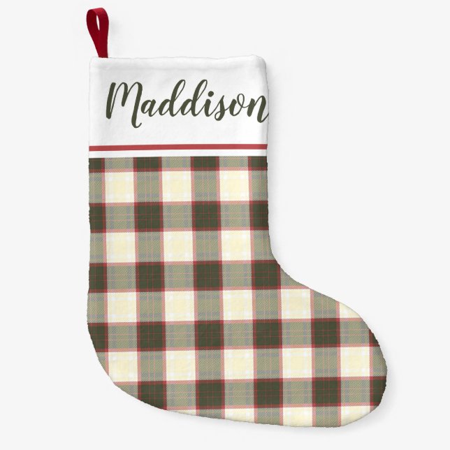 Beige Christmas plaid pattern personalised name  Small Christmas Stocking (Front)