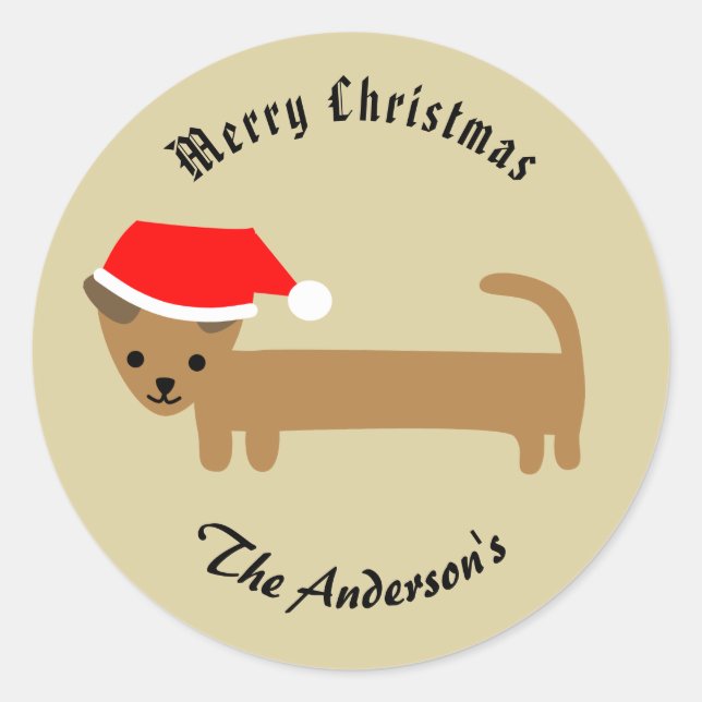 Beige Christmas Wiener Dog Merry Christmas Classic Round Sticker (Front)