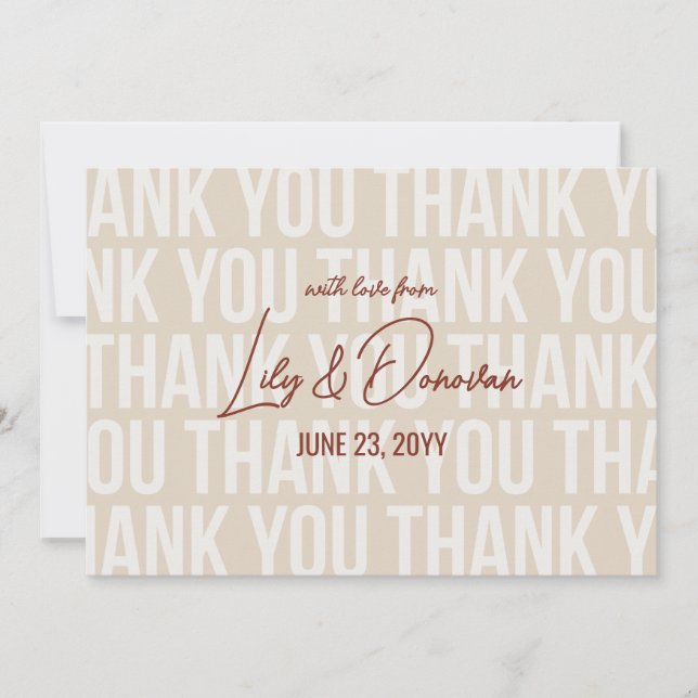 Beige & Cinnamon Modern Typograhpy Wedding Thank You Card (Front)