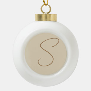 Beige Classical Handwritten Initial Monogram Ceramic Ball Christmas Ornament