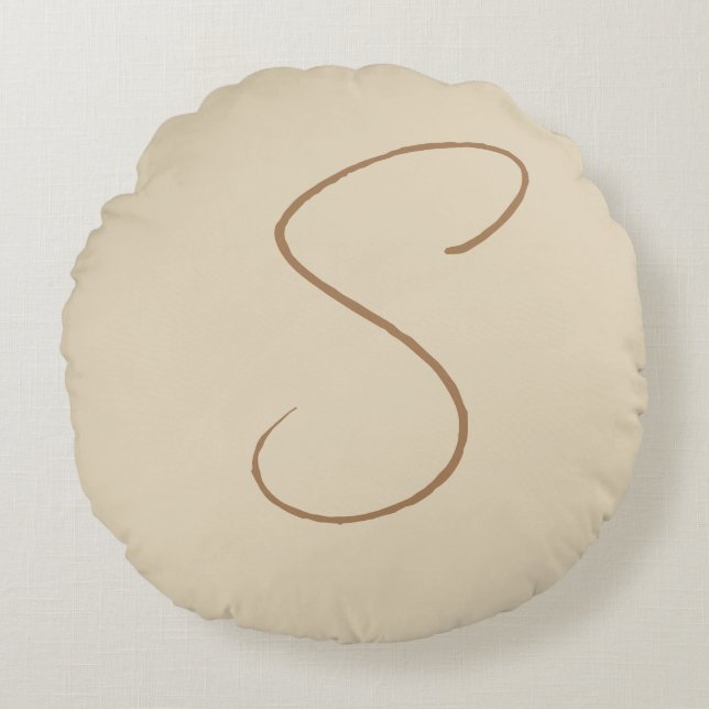 Beige Classical Handwritten Initial Monogram Round Cushion (Front)