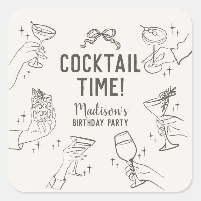 Beige Cocktail Retro Birthday Party Envelope Favou Square Sticker (Front)