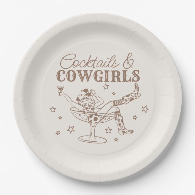 Beige Cocktails and Cowgirls Birthday Bachelorette Paper Plate (Front)