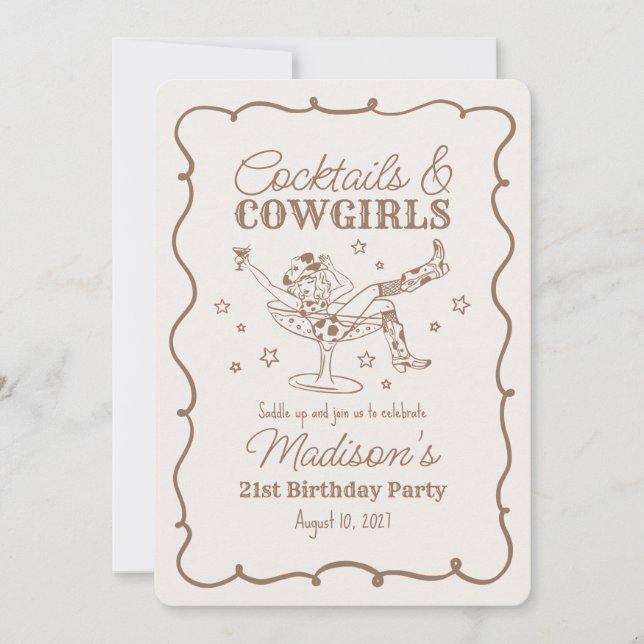Beige Cocktails and Cowgirls Nash Bash Birthday Invitation (Front)
