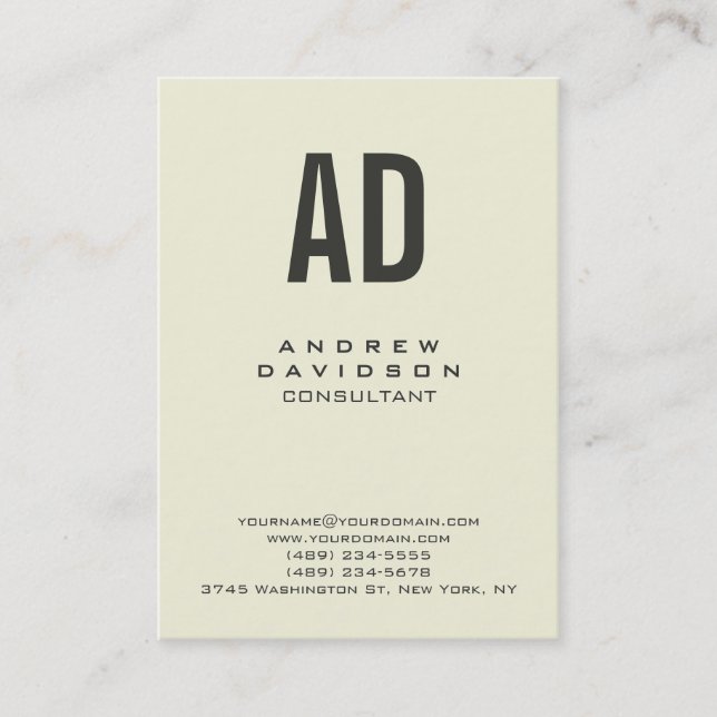 Beige Color Trendy Vertical Monogram Business Card (Front)