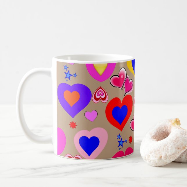 Beige Colourful Hearts Mug (With Donut)