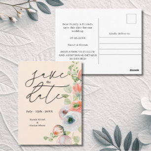 Beige Coral Floral Wedding Save the date Postcard
