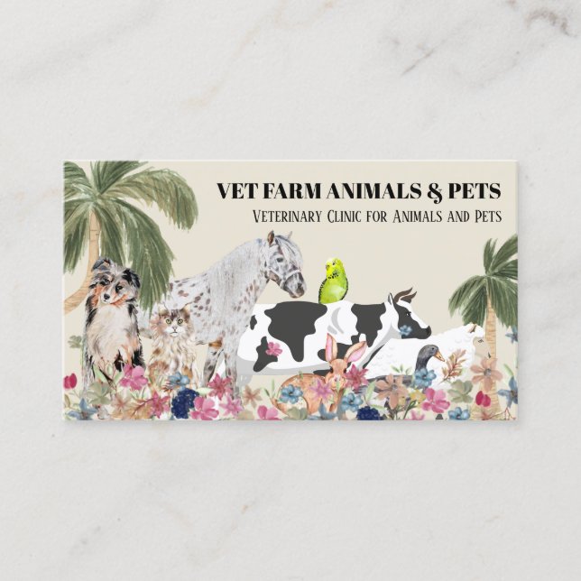 Beige Cow Sheep Dog Cat Bird Rabbit Duck Palm Business Card (Front)