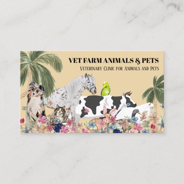 Beige Cow Sheep Dog Cat Bird Rabbit Duck Palm Business Card (Front)