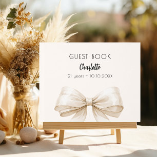 Beige cream bow birthday guest book