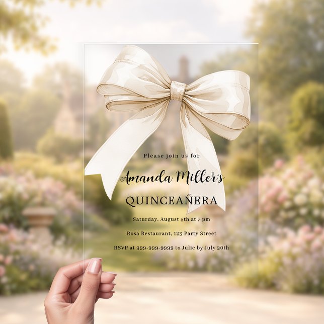 Beige cream bow clear Quinceanera luxury Acrylic Invitations (Creator Uploaded)