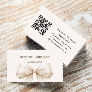 Beige cream bow elegant qr code business card