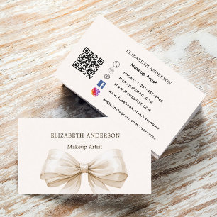 Beige cream bow qr code social media business card