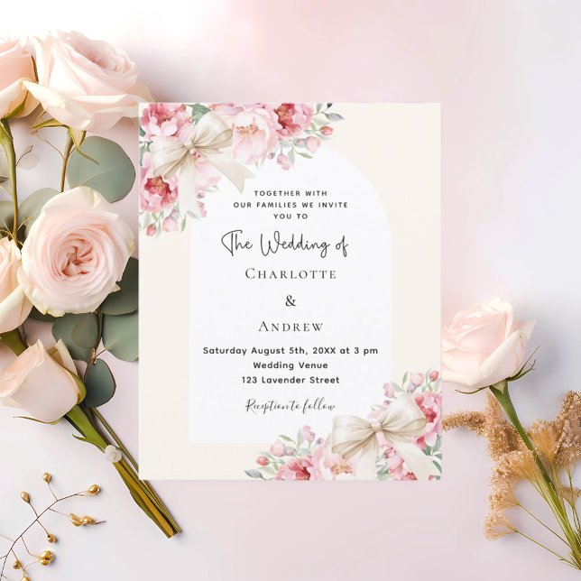 Beige cream bows pink florals wedding invitation (Creator Uploaded)