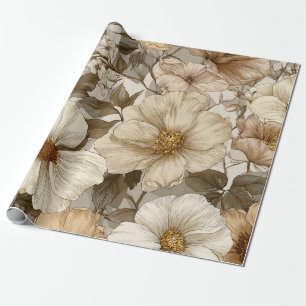 Beige Cream Brown Flower Pastel Boho 70s Vintage Wrapping Paper