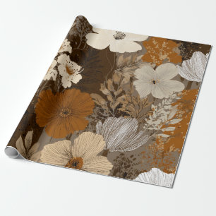 Beige Cream Brown Flower Pastel Boho 70s Vintage Wrapping Paper