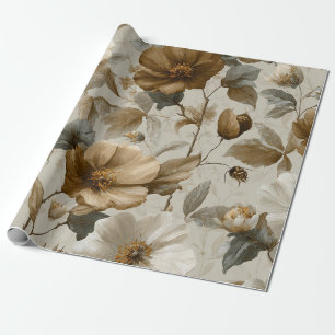 Beige Cream Brown Flower Pastel Boho 70s Vintage Wrapping Paper