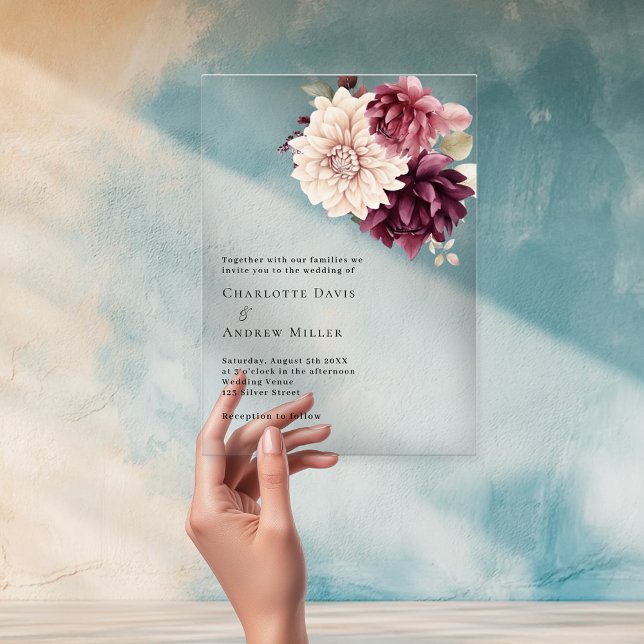 Beige cream burgundy florals clear wedding acrylic invitations (Creator Uploaded)