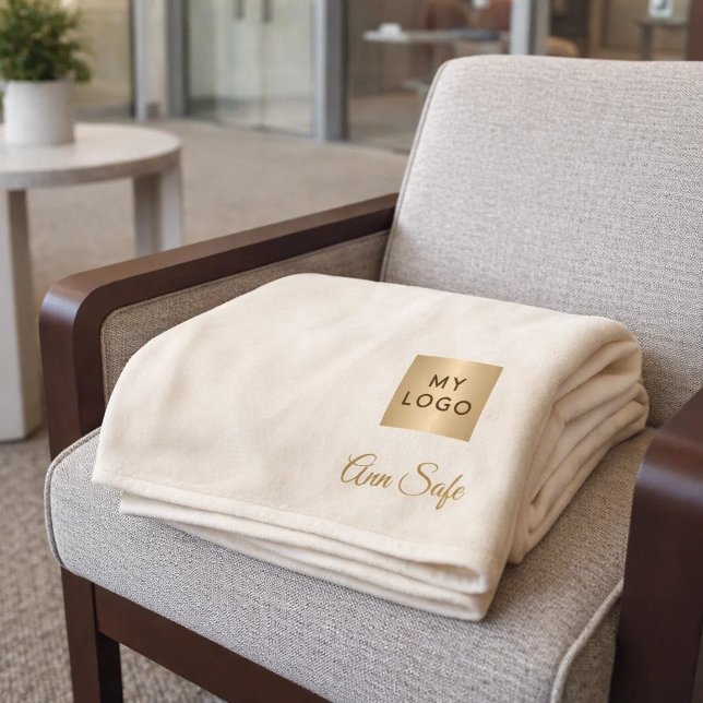 Beige cream corporate logo company name script fleece blanket (Creator Uploaded)