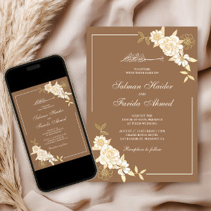 Beige Cream Floral Leaves Branch Muslim Wedding Invitation