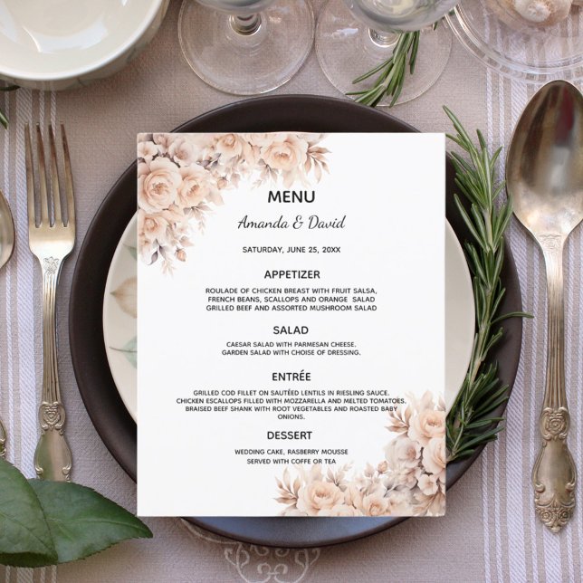 Beige cream flowers wedding menu card (Creator Uploaded)