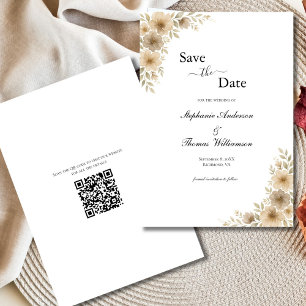 Beige Cream Gray Floral Elegant Modern QR code Save The Date