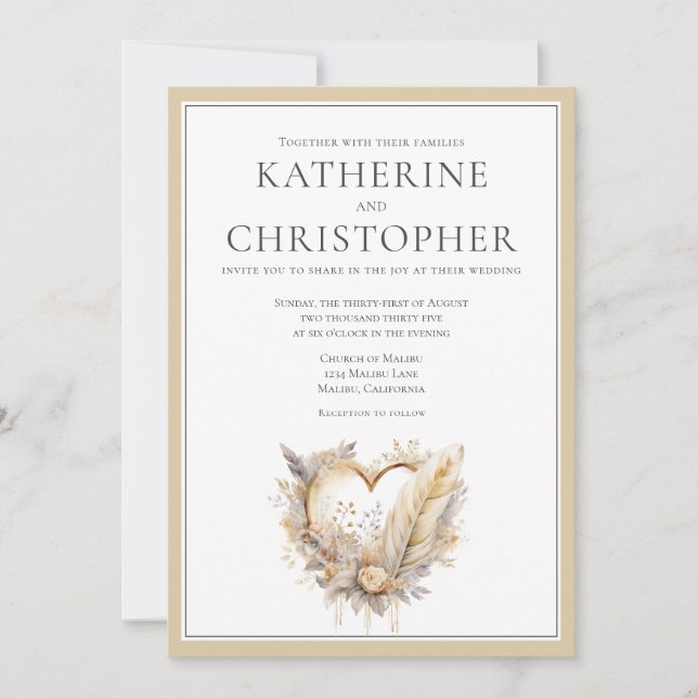 Beige Cream Grey Feathers Heart Boho Wedding Invitation (Front)