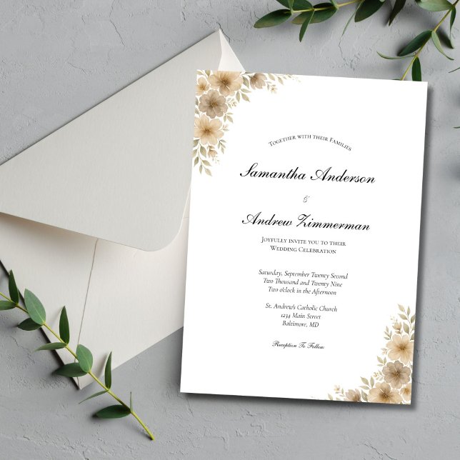 Beige Cream Grey Neutral Floral Elegant Wedding  Invitation (Beige Cream Gray Neutral watercolor Florals Wedding Invitation. Boho Modern, Printed or Digital)