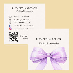 Beige cream lavender bow QR code social media Square Business Card
